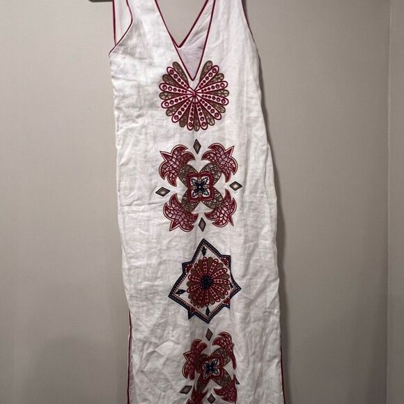 FARM Rio Mary's Tiles Embroidered Detail Linen White Midi Dress Size Small - Picture 9 of 14